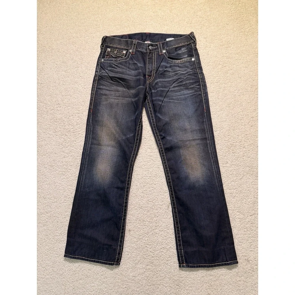 True Religion Straight Jeans Men's 34 Dark Wash Red Stitch Flap Pocket Y2K Denim